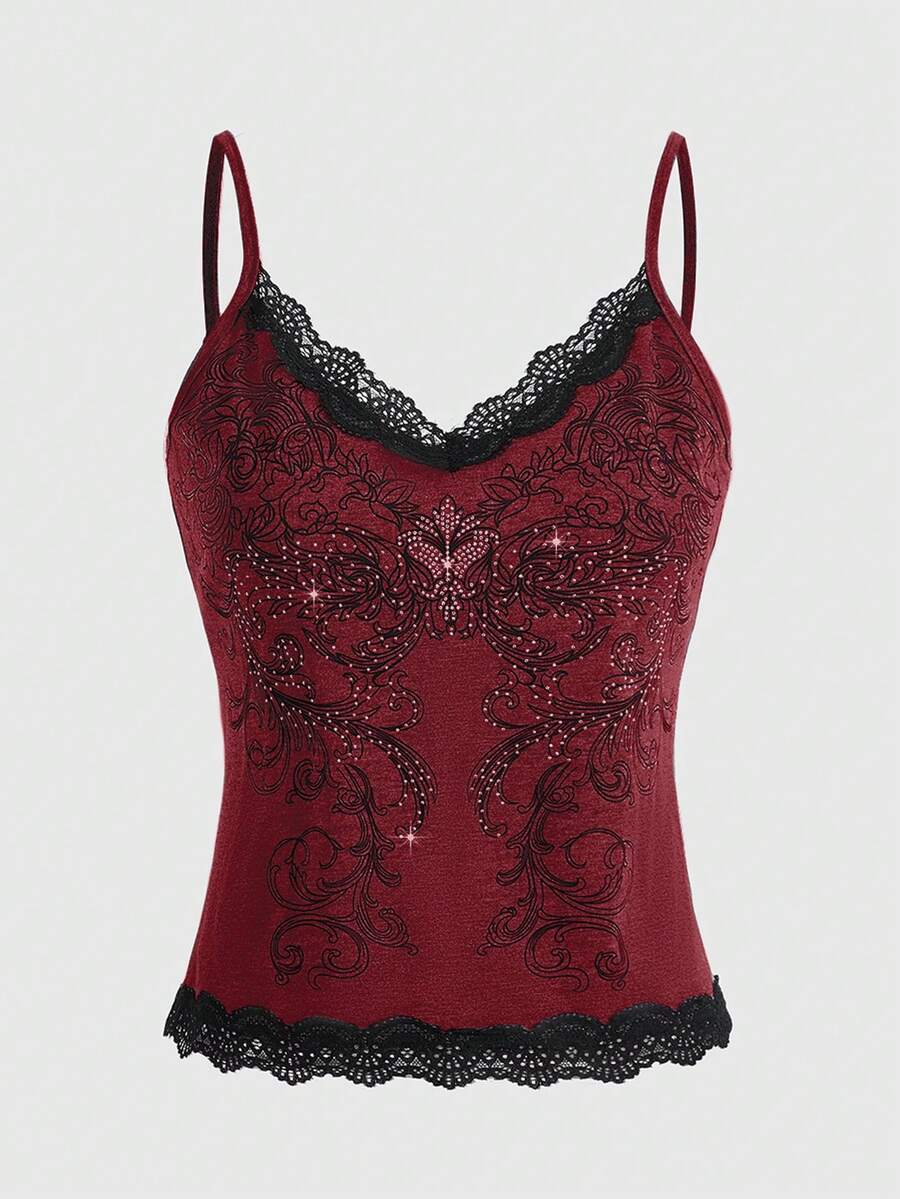 Pink floral print crop camisole top for women featuring contrast lace trim, spaghetti straps, and a slim fit.