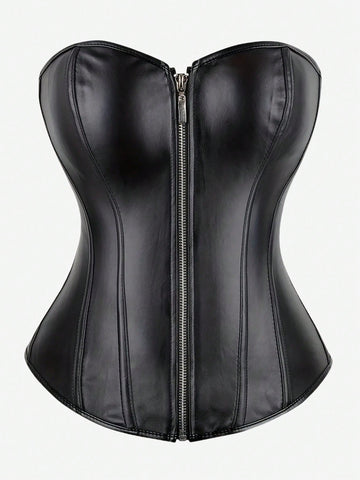 Black overbust corset bustier top featuring a front zipper, boned structure, and back tie grommets for waist shaping.