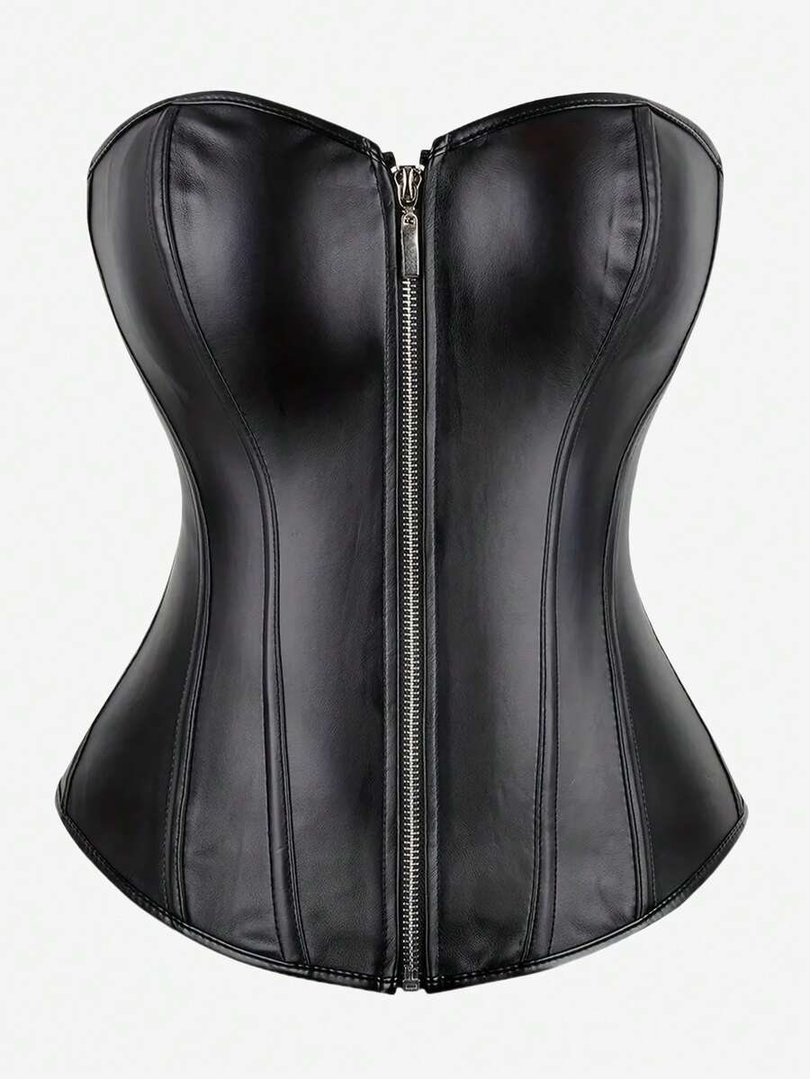 Black overbust corset bustier top featuring a front zipper, boned structure, and back tie grommets for waist shaping.