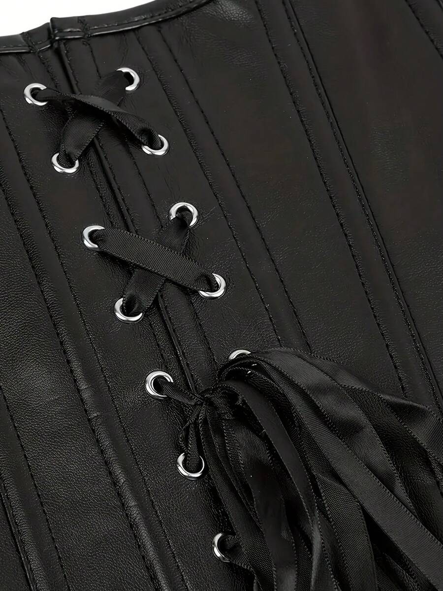 Black overbust corset bustier top featuring a front zipper, boned structure, and back tie grommets for waist shaping.