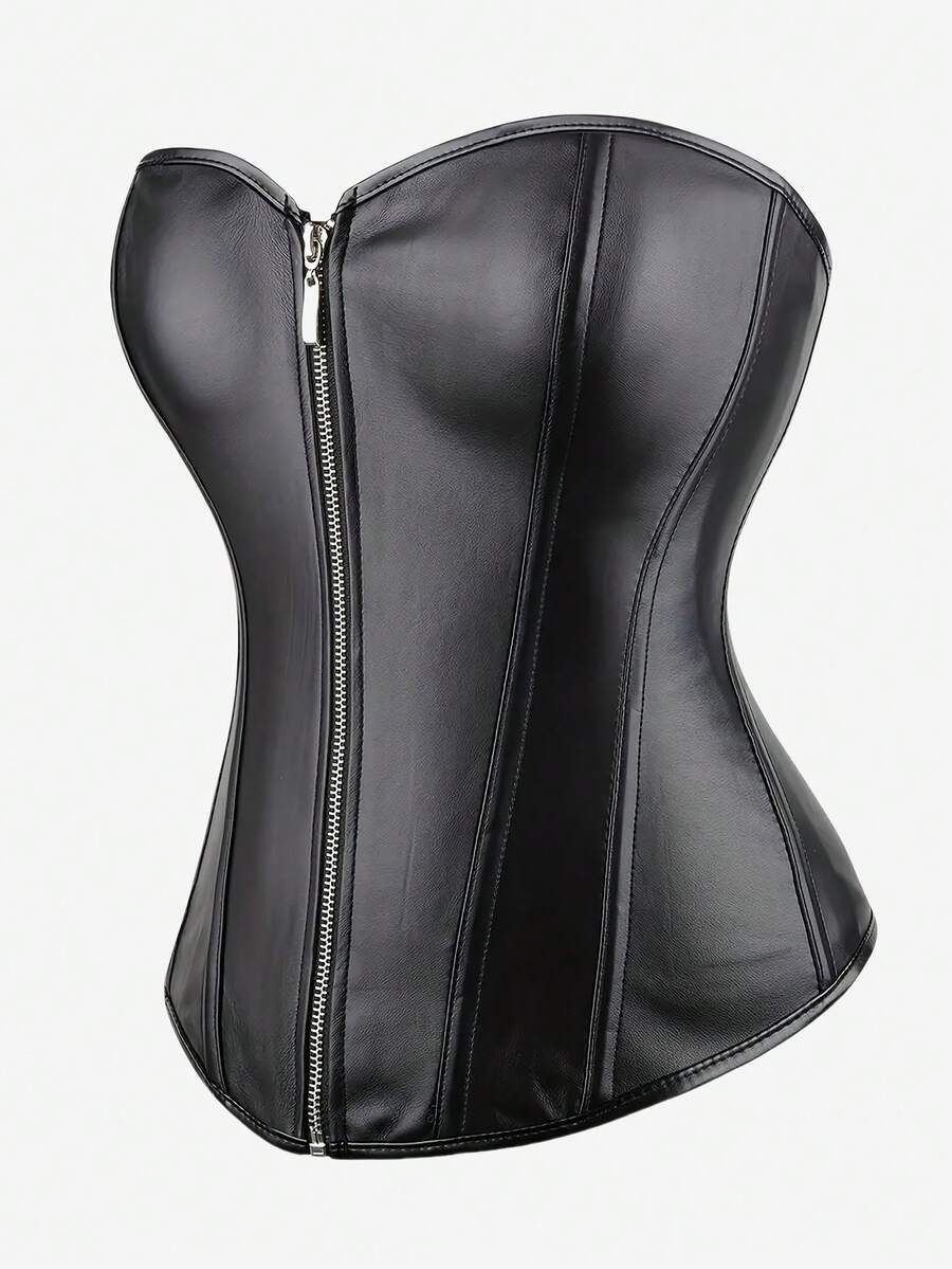 Black overbust corset bustier top featuring a front zipper, boned structure, and back tie grommets for waist shaping.