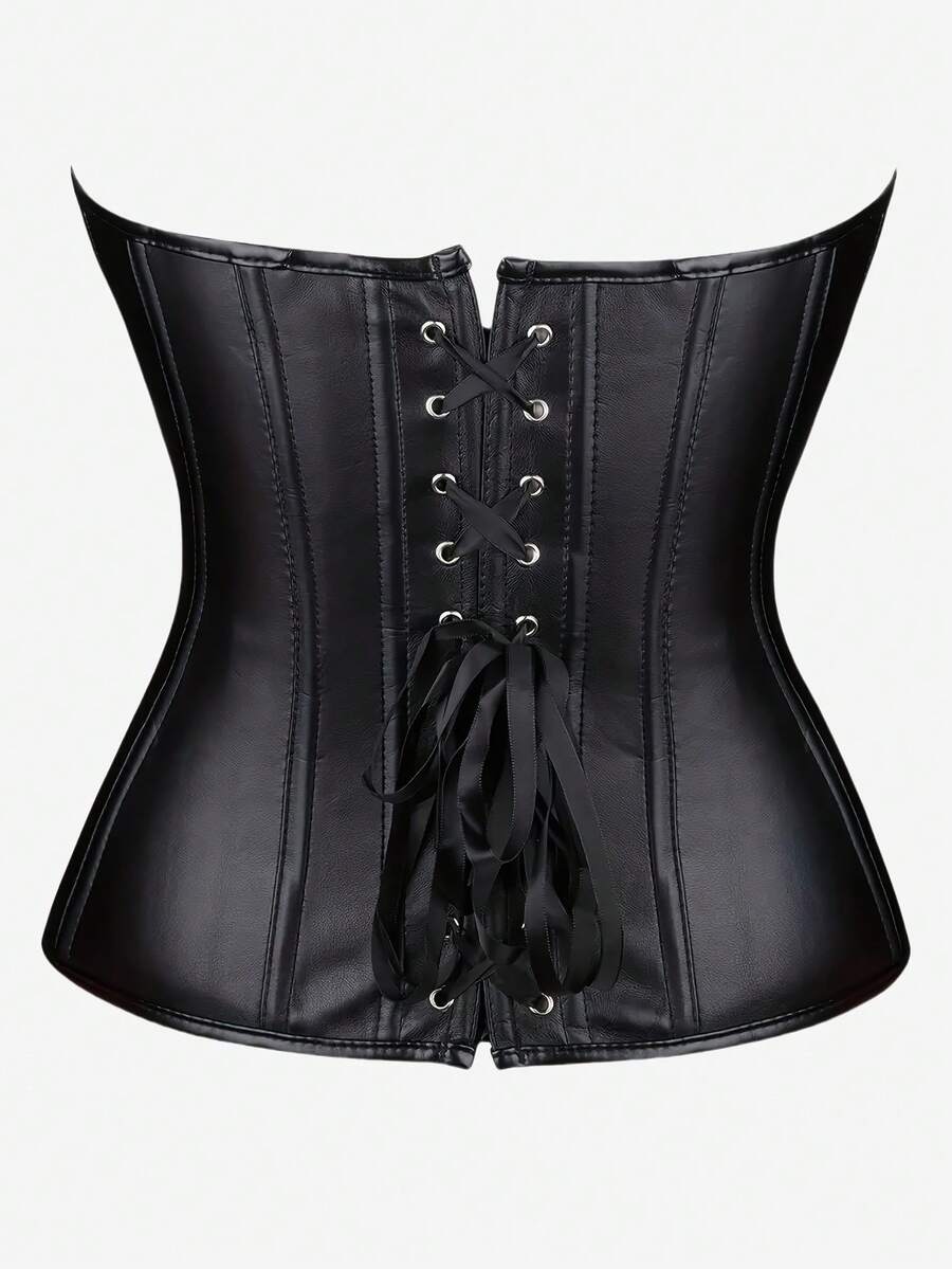 Black overbust corset bustier top featuring a front zipper, boned structure, and back tie grommets for waist shaping.