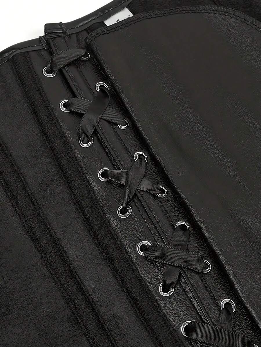 Black overbust corset bustier top featuring a front zipper, boned structure, and back tie grommets for waist shaping.