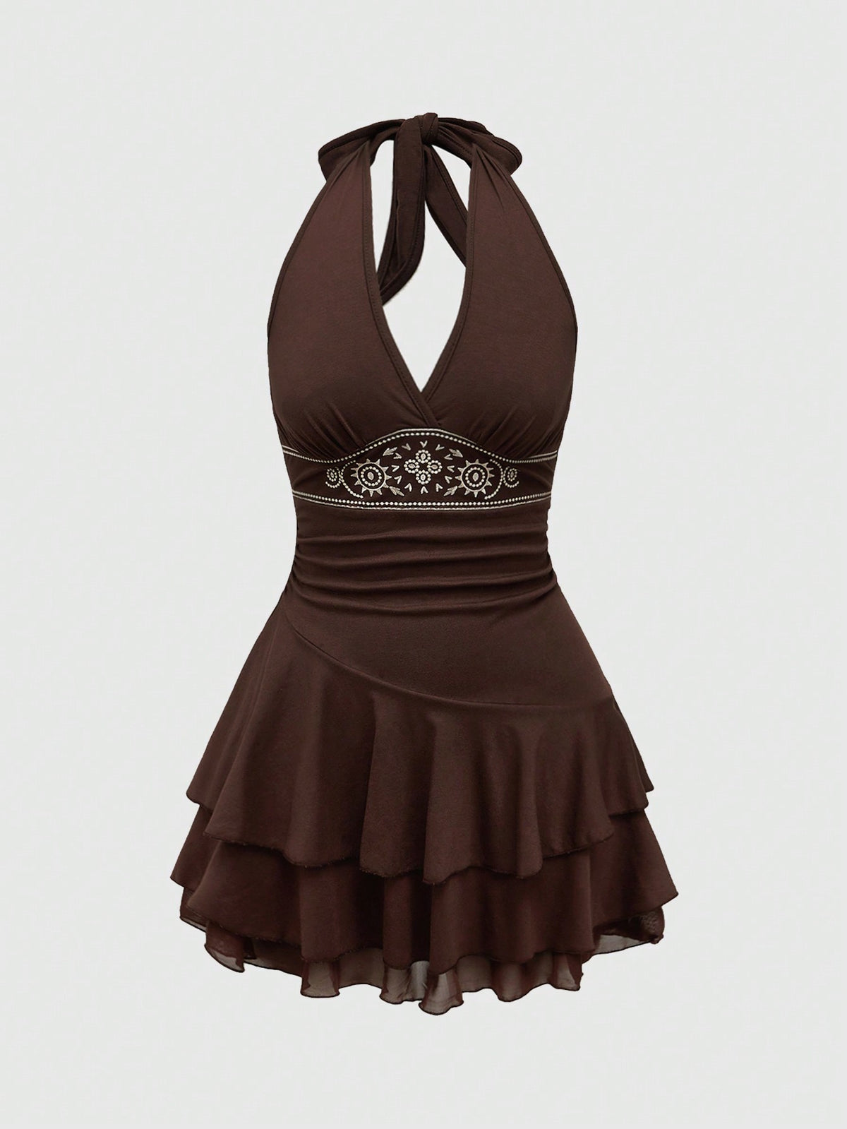 Women's sun totem embroidered sleeveless layered mini dress featuring a halter neck, backless tie back design, and slim fit high-waist A-line silhouette.