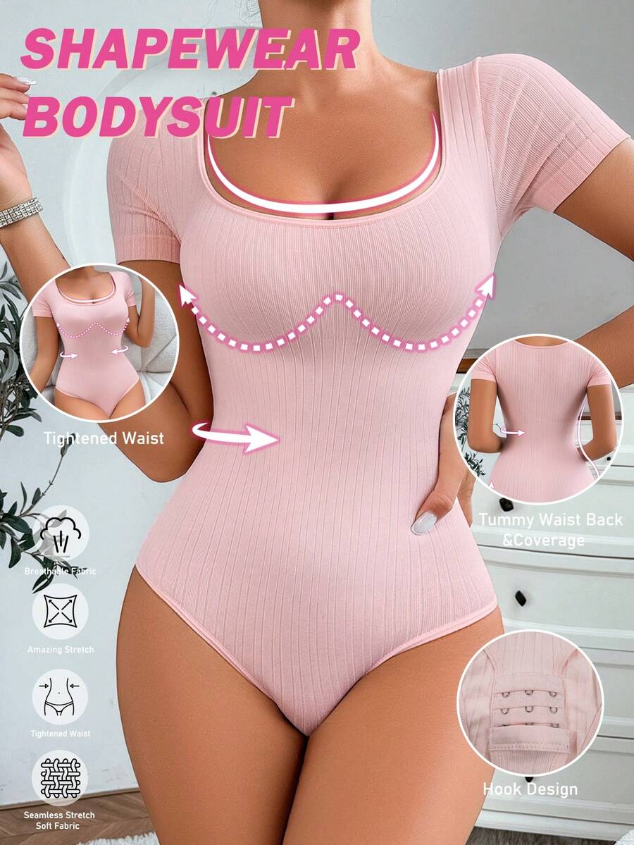 Women's seamless waist cincher bodysuit featuring short sleeves, briefs bottom, and rib-knit texture.