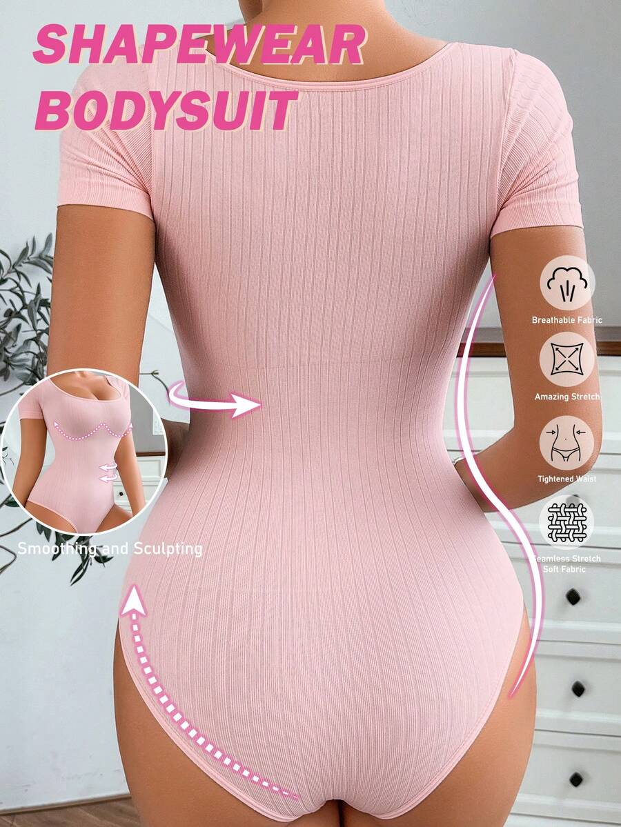 Women's seamless waist cincher bodysuit featuring short sleeves, briefs bottom, and rib-knit texture.
