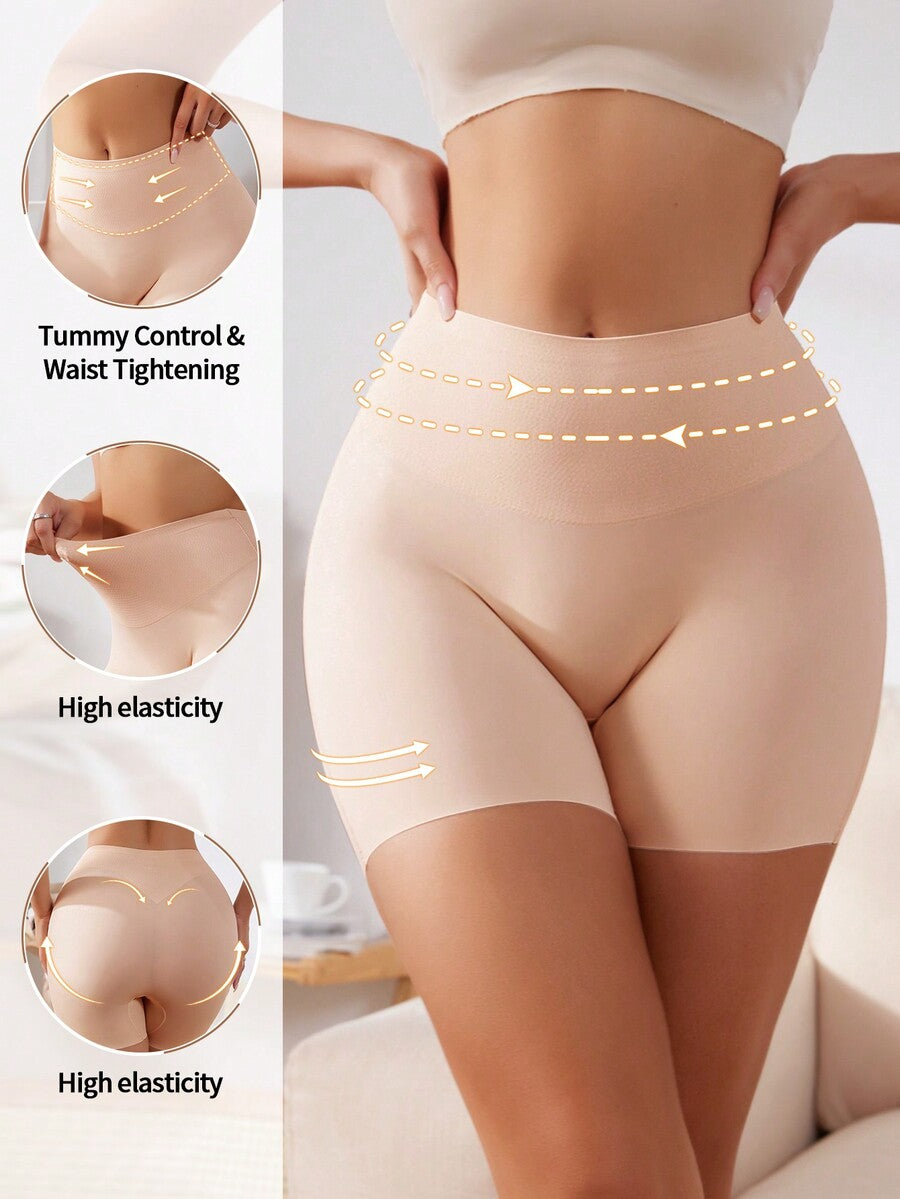 Women wearing apricot super high waist shapewear shorts designed for ultra-light thigh smoothing