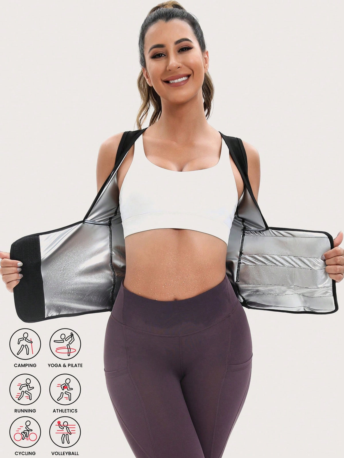 Women's pink sauna sweat waist cincher vest featuring fixed chest support, tummy control compression fabric, and hook and loop closure for fitness training.