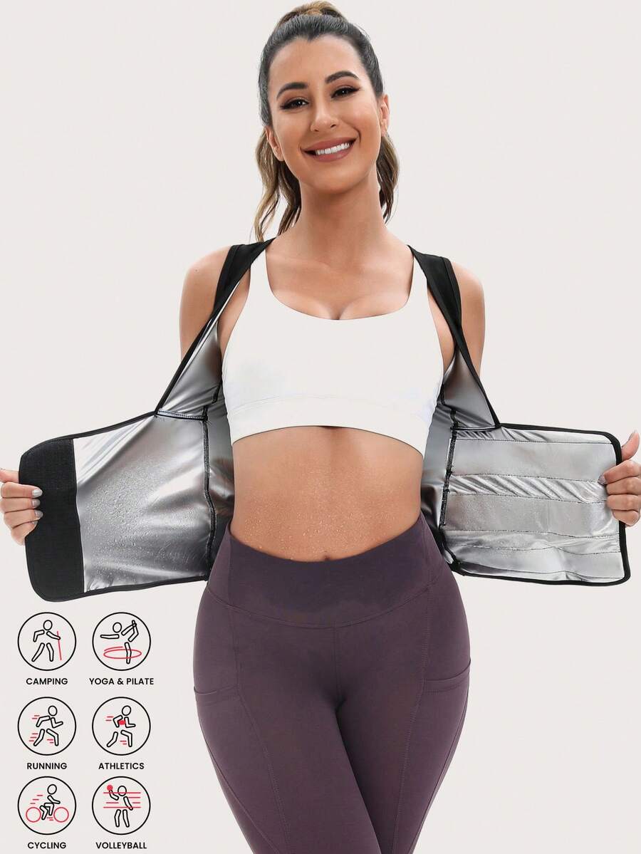 Women's pink sauna sweat waist cincher vest featuring fixed chest support, tummy control compression fabric, and hook and loop closure for fitness training.