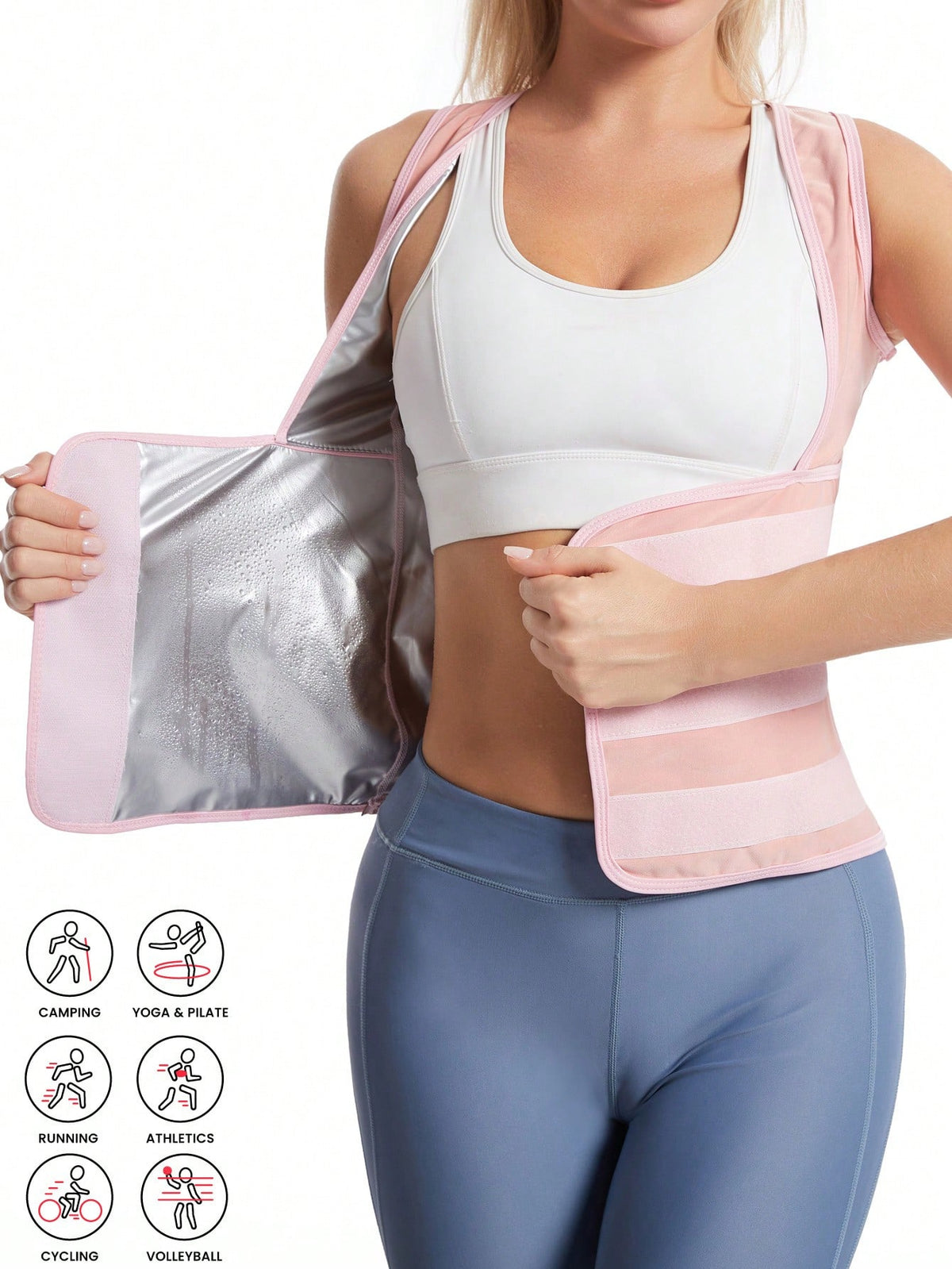 Women's pink sauna sweat waist cincher vest featuring fixed chest support, tummy control compression fabric, and hook and loop closure for fitness training.