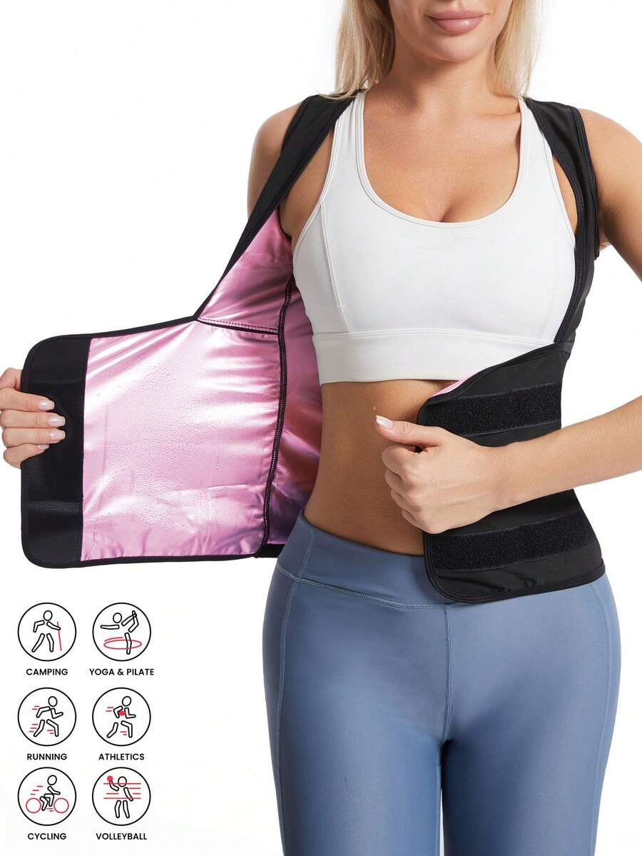 Women's pink sauna sweat waist cincher vest featuring fixed chest support, tummy control compression fabric, and hook and loop closure for fitness training.