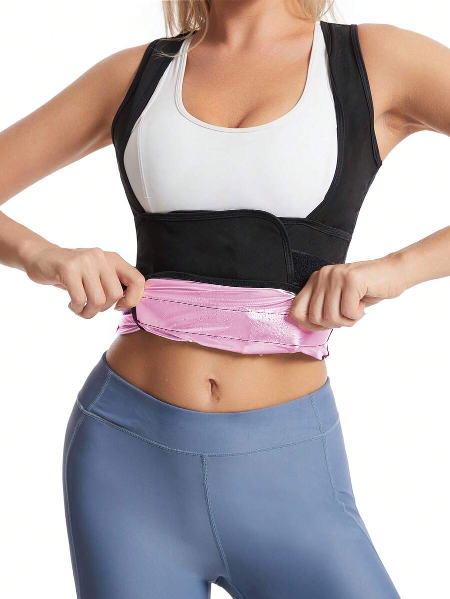 Women's pink sauna sweat waist cincher vest featuring fixed chest support, tummy control compression fabric, and hook and loop closure for fitness training.