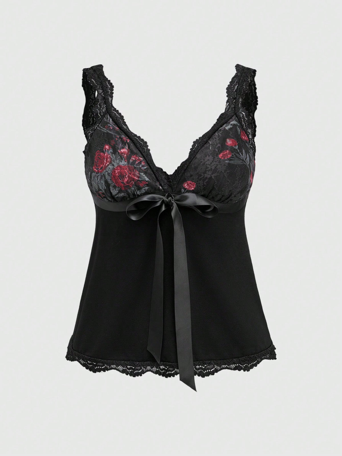 Women's black crop camisole top with rose pattern contrast lace, deep V-neck, and wide shoulder straps.