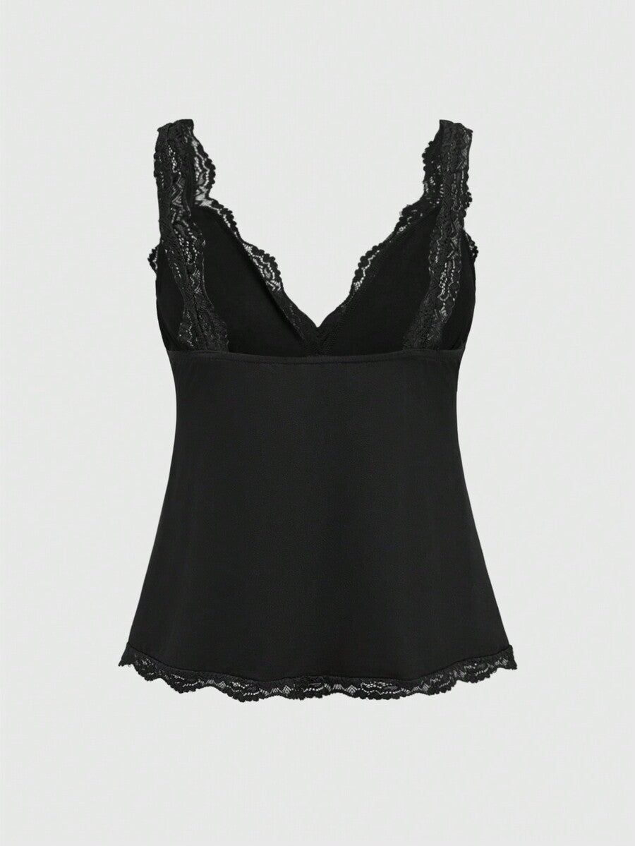 Women's black crop camisole top with rose pattern contrast lace, deep V-neck, and wide shoulder straps.