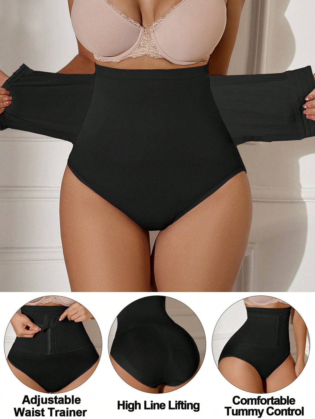 Seamless black high waist shapewear briefs with front opening hook for tummy and waist control