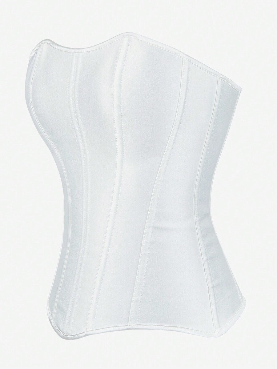 Black overbust corset top bustier with 11 steel bones, side zipper, and grommet eyelet detailing for waist shaping.