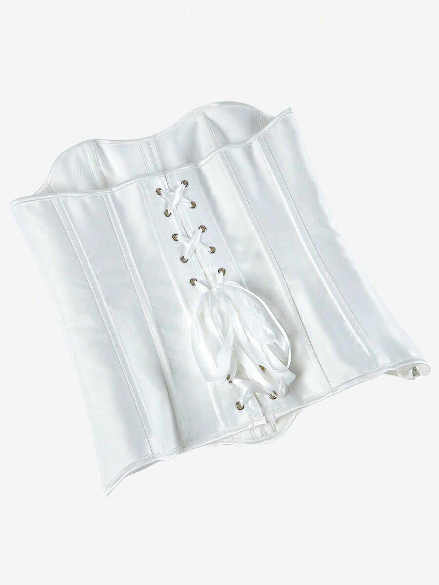 Black overbust corset top bustier with 11 steel bones, side zipper, and grommet eyelet detailing for waist shaping.