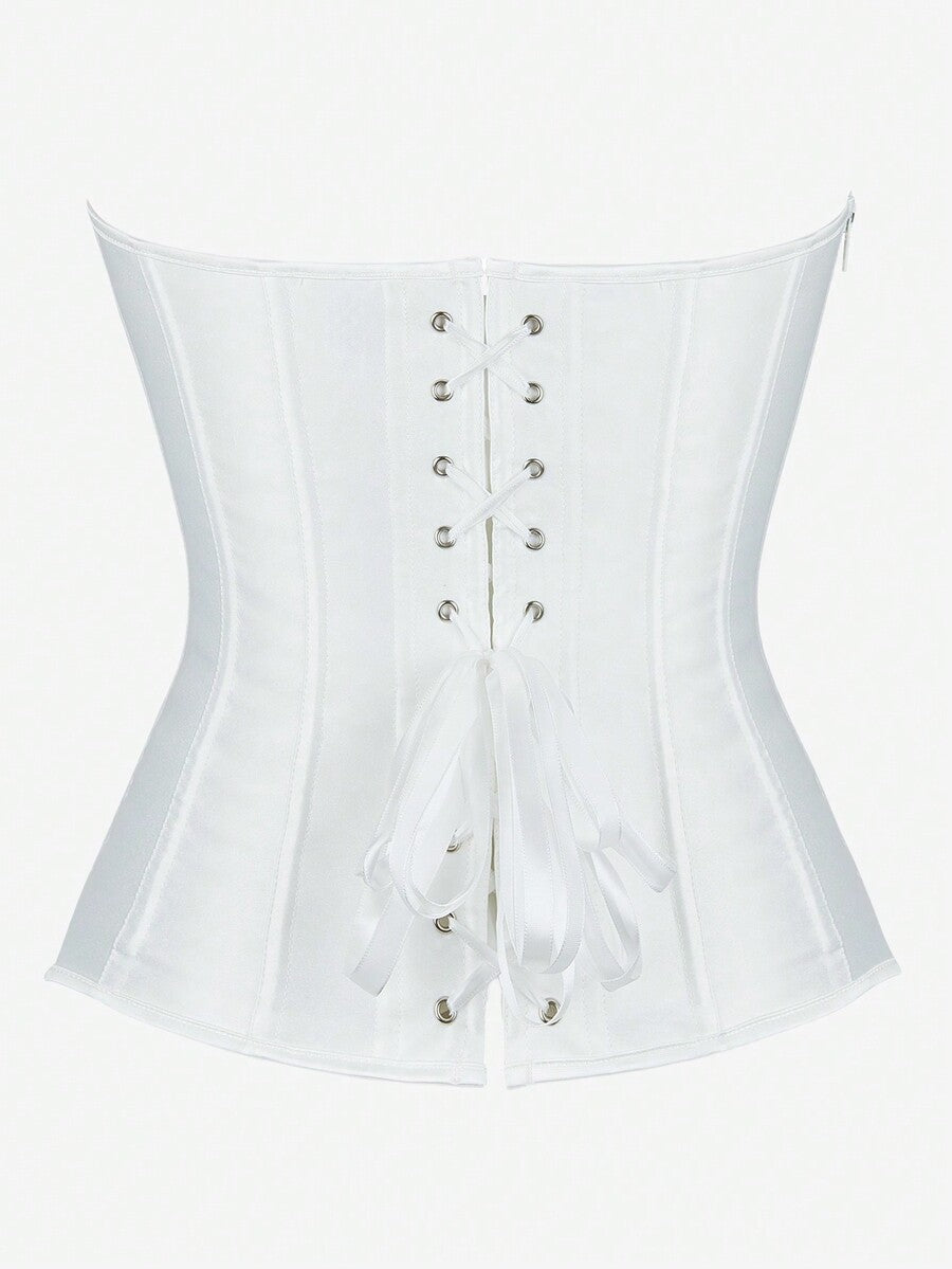 Black overbust corset top bustier with 11 steel bones, side zipper, and grommet eyelet detailing for waist shaping.