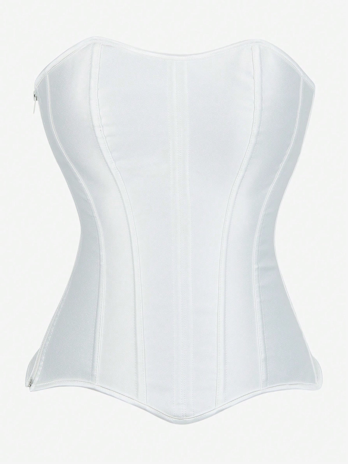 Black overbust corset top bustier with 11 steel bones, side zipper, and grommet eyelet detailing for waist shaping.