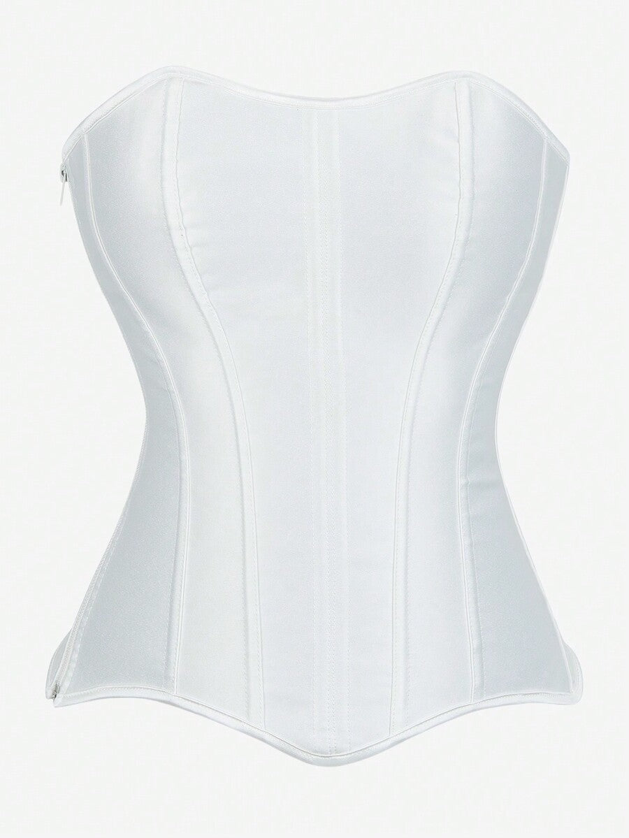 Black overbust corset top bustier with 11 steel bones, side zipper, and grommet eyelet detailing for waist shaping.