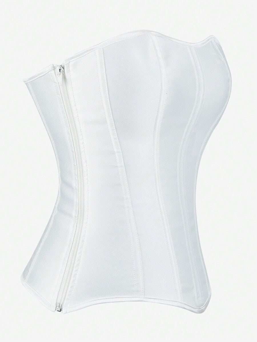 Black overbust corset top bustier with 11 steel bones, side zipper, and grommet eyelet detailing for waist shaping.