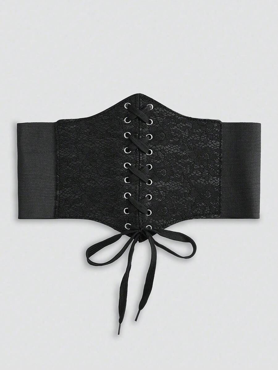 Black lace-up waist cincher with grommet eyelets, baroque pattern, medium stretch, and wide belt design for women.