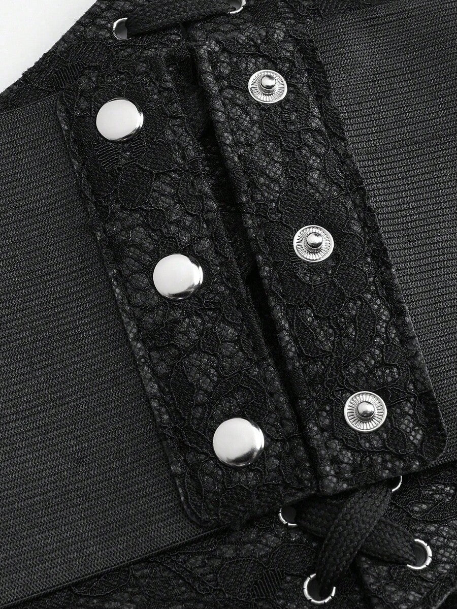 Black lace-up waist cincher with grommet eyelets, baroque pattern, medium stretch, and wide belt design for women.