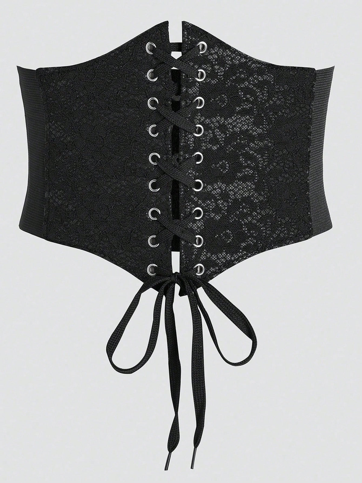 Black lace-up waist cincher with grommet eyelets, baroque pattern, medium stretch, and wide belt design for women.