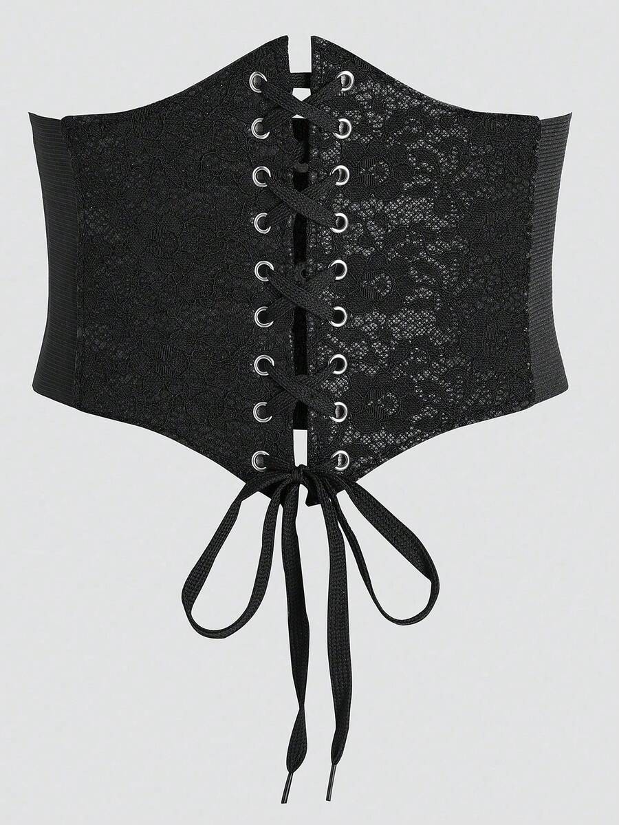 Black lace-up waist cincher with grommet eyelets, baroque pattern, medium stretch, and wide belt design for women.