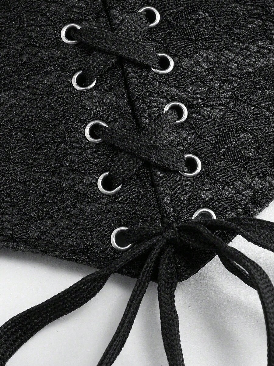 Black lace-up waist cincher with grommet eyelets, baroque pattern, medium stretch, and wide belt design for women.