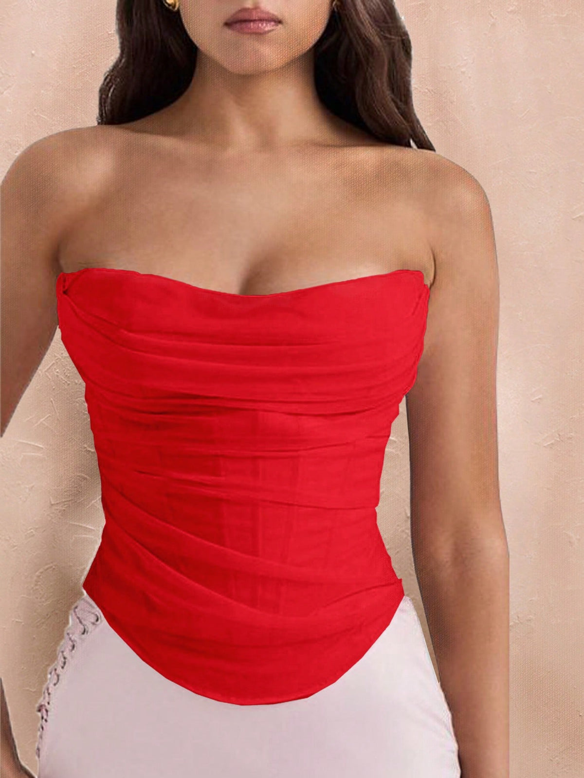 Black strapless corset crop top with asymmetrical lace-up ruched detailing and a slim fit for women.
