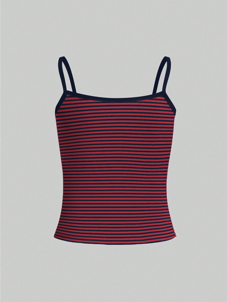 Women's pink striped crop camisole featuring criss cross spaghetti straps and slim fit design.