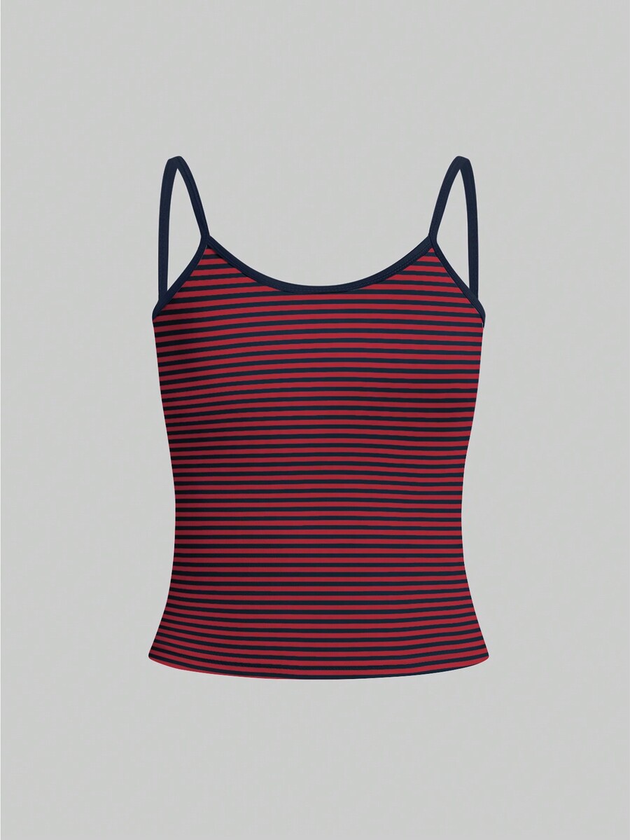 Women's pink striped crop camisole featuring criss cross spaghetti straps and slim fit design.