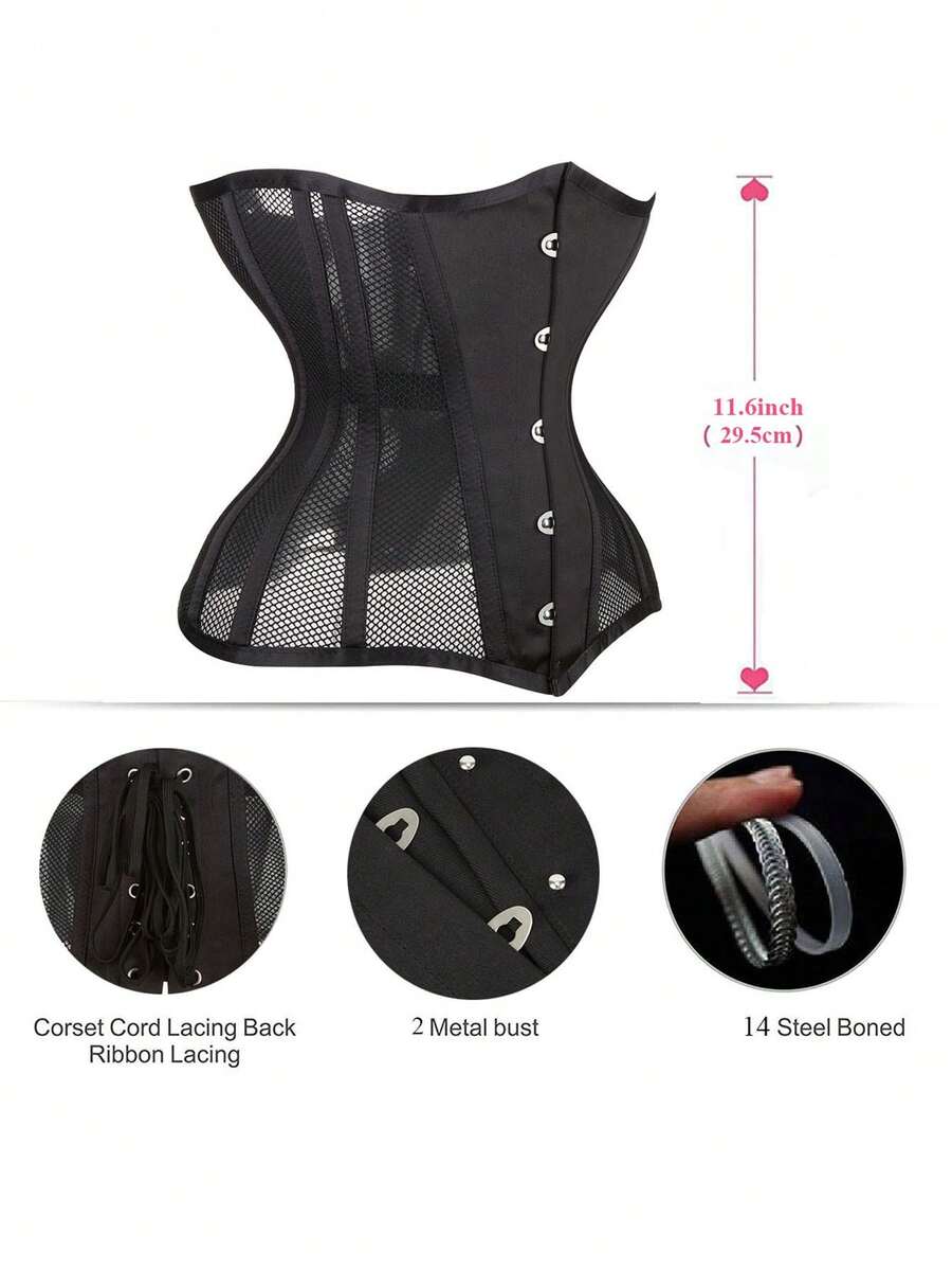 Women's black breathable mesh waist trainer corset with 14 steel bones and tie-back grommet eyelet detailing.