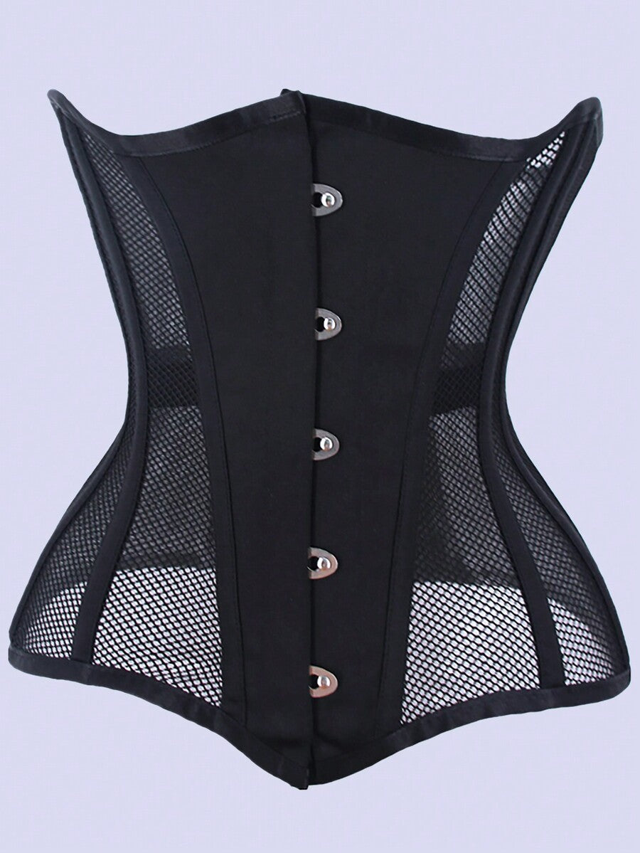 Women's black breathable mesh waist trainer corset with 14 steel bones and tie-back grommet eyelet detailing.