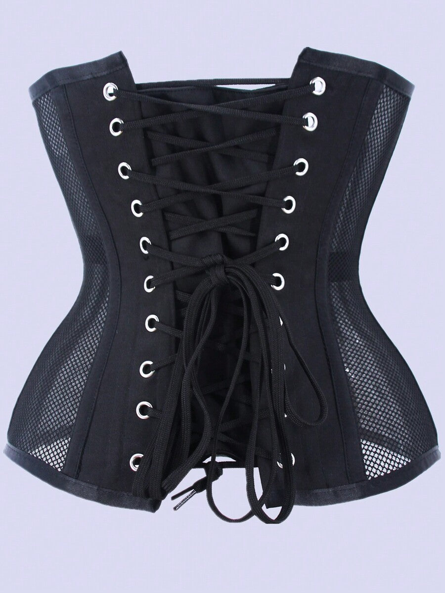 Women's black breathable mesh waist trainer corset with 14 steel bones and tie-back grommet eyelet detailing.