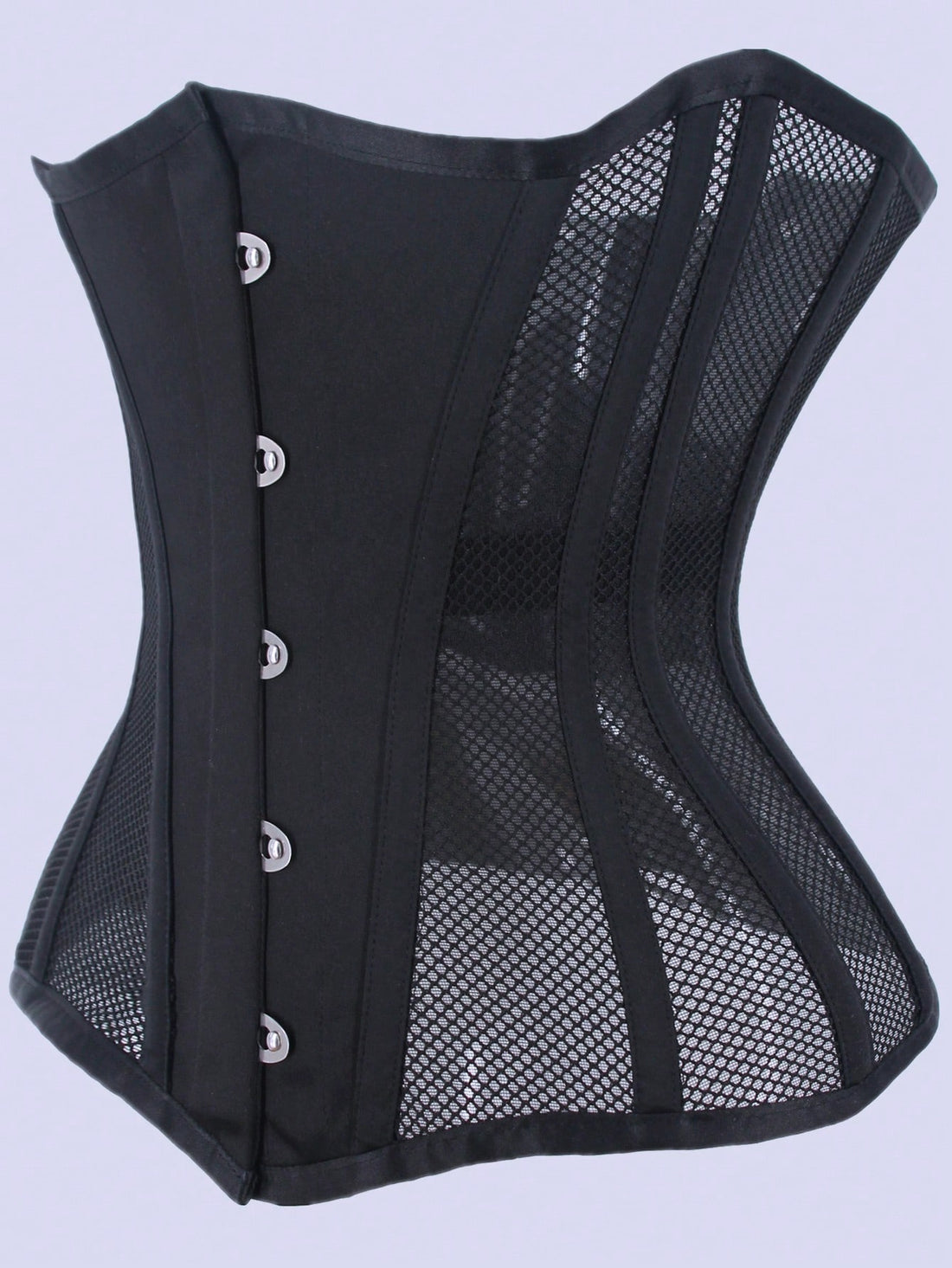 Women's black breathable mesh waist trainer corset with 14 steel bones and tie-back grommet eyelet detailing.