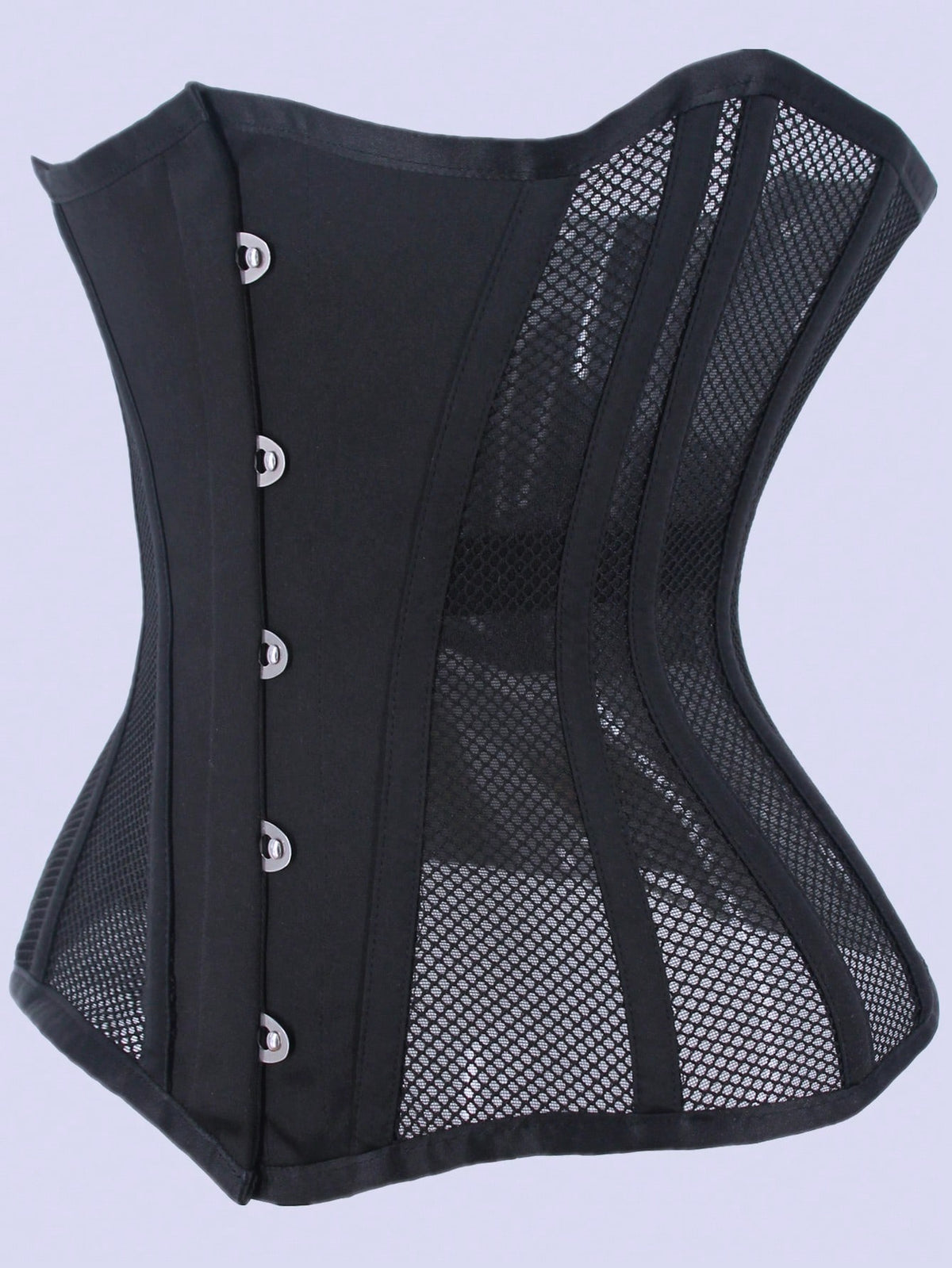 Women's black breathable mesh waist trainer corset with 14 steel bones and tie-back grommet eyelet detailing.