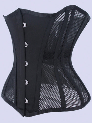 Women's black breathable mesh waist trainer corset with 14 steel bones and tie-back grommet eyelet detailing.