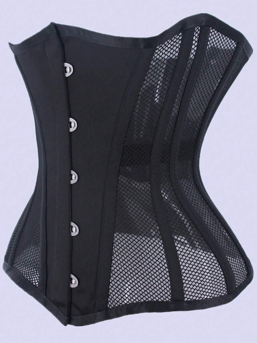 Women's black breathable mesh waist trainer corset with 14 steel bones and tie-back grommet eyelet detailing.