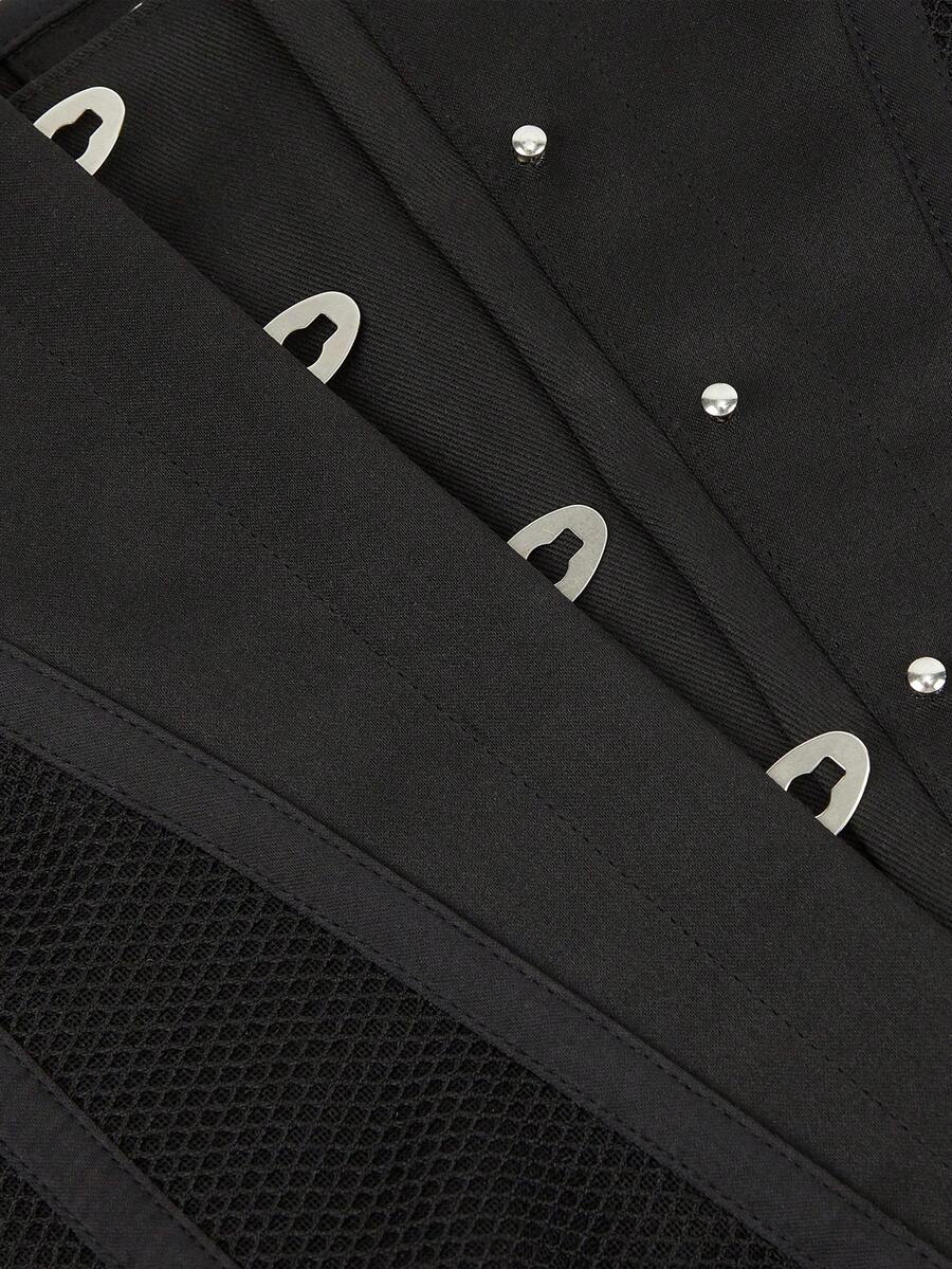 Women's black breathable mesh waist trainer corset with 14 steel bones and tie-back grommet eyelet detailing.