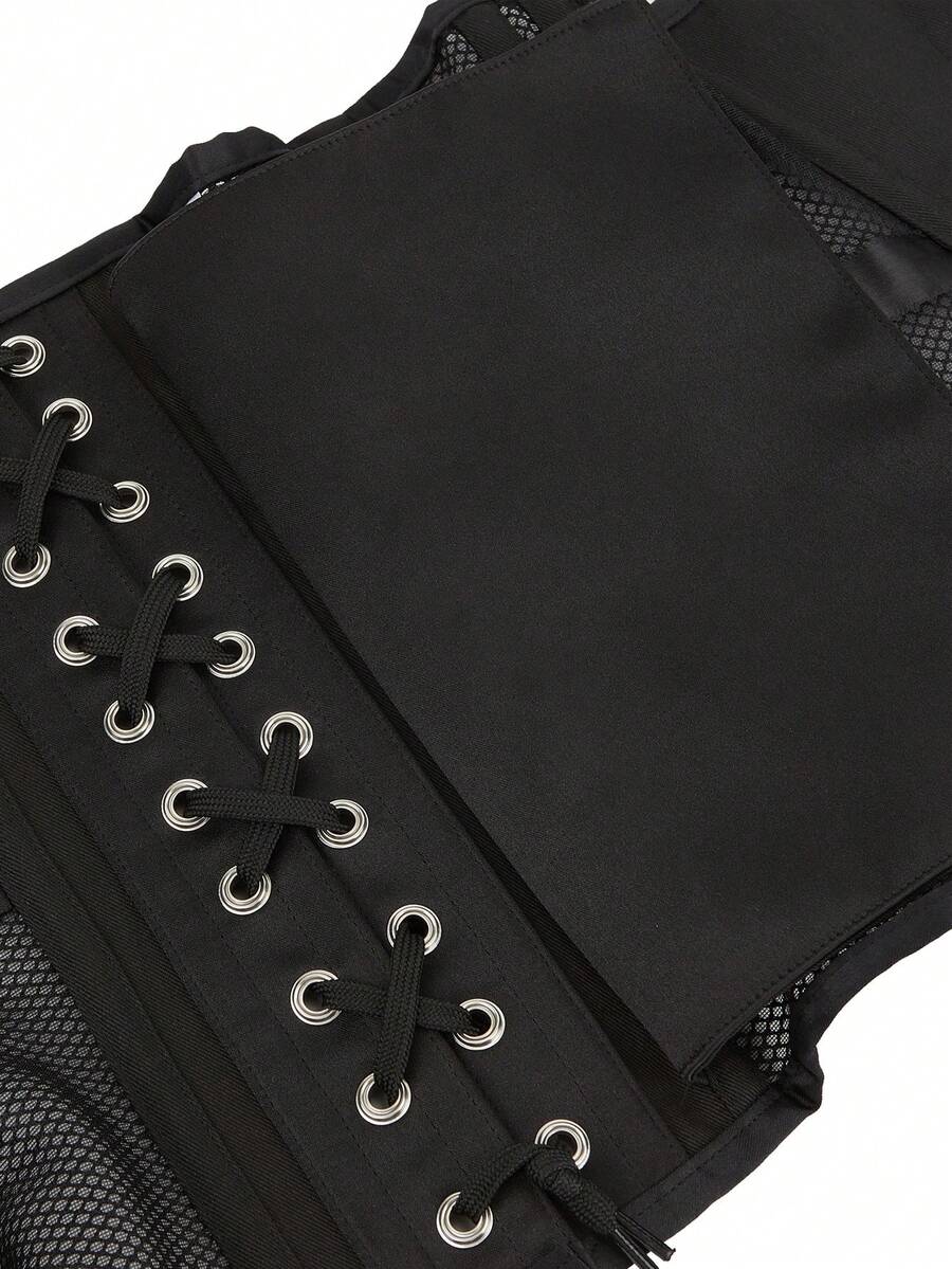Women's black breathable mesh waist trainer corset with 14 steel bones and tie-back grommet eyelet detailing.