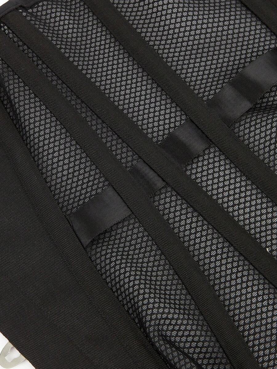 Women's black breathable mesh waist trainer corset with 14 steel bones and tie-back grommet eyelet detailing.