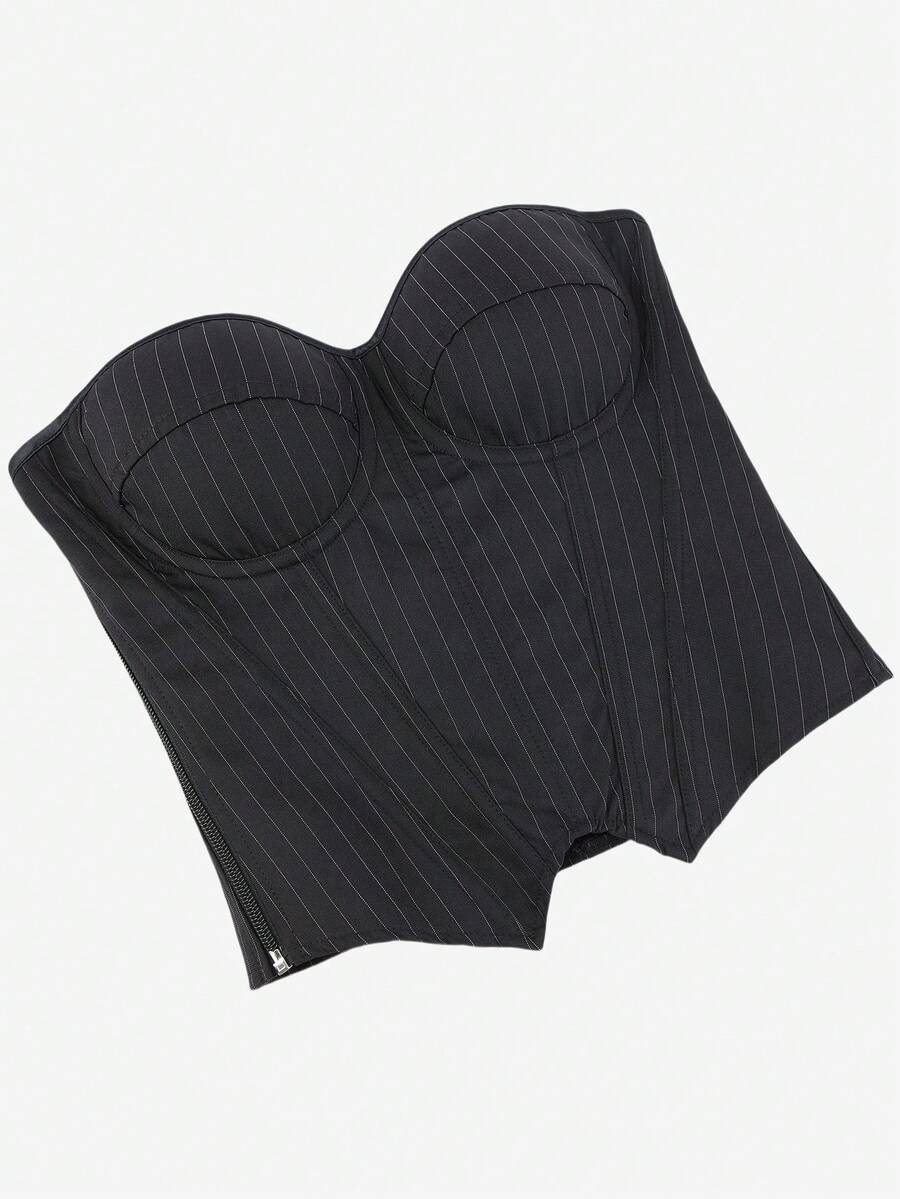 Black overbust corset top with strapless design, boned support, tie-back and zipper closure for women shapewear styling.
