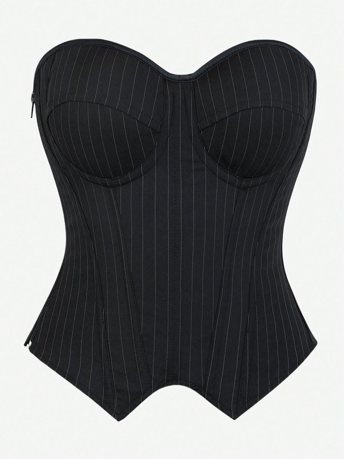 Black overbust corset top with strapless design, boned support, tie-back and zipper closure for women shapewear styling.