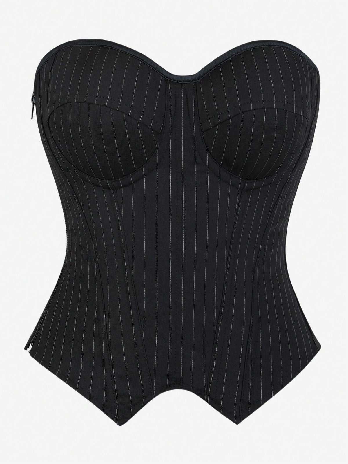 Black overbust corset top with strapless design, boned support, tie-back and zipper closure for women shapewear styling.