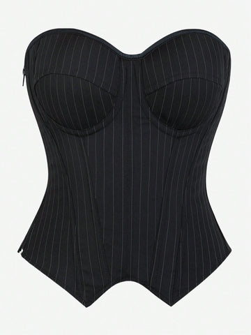 Black overbust corset top with strapless design, boned support, tie-back and zipper closure for women shapewear styling.