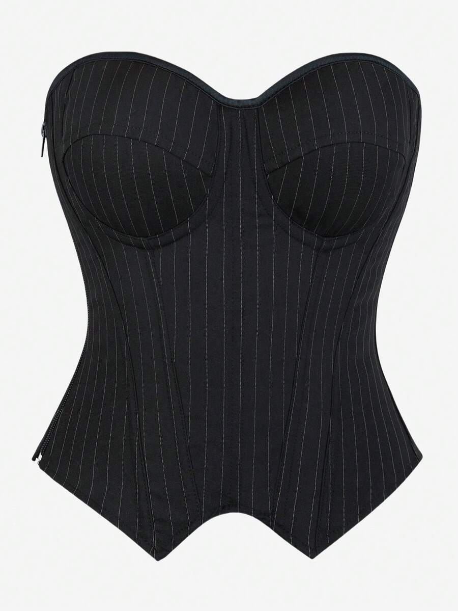 Black overbust corset top with strapless design, boned support, tie-back and zipper closure for women shapewear styling.