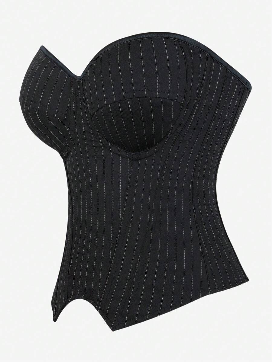 Black overbust corset top with strapless design, boned support, tie-back and zipper closure for women shapewear styling.