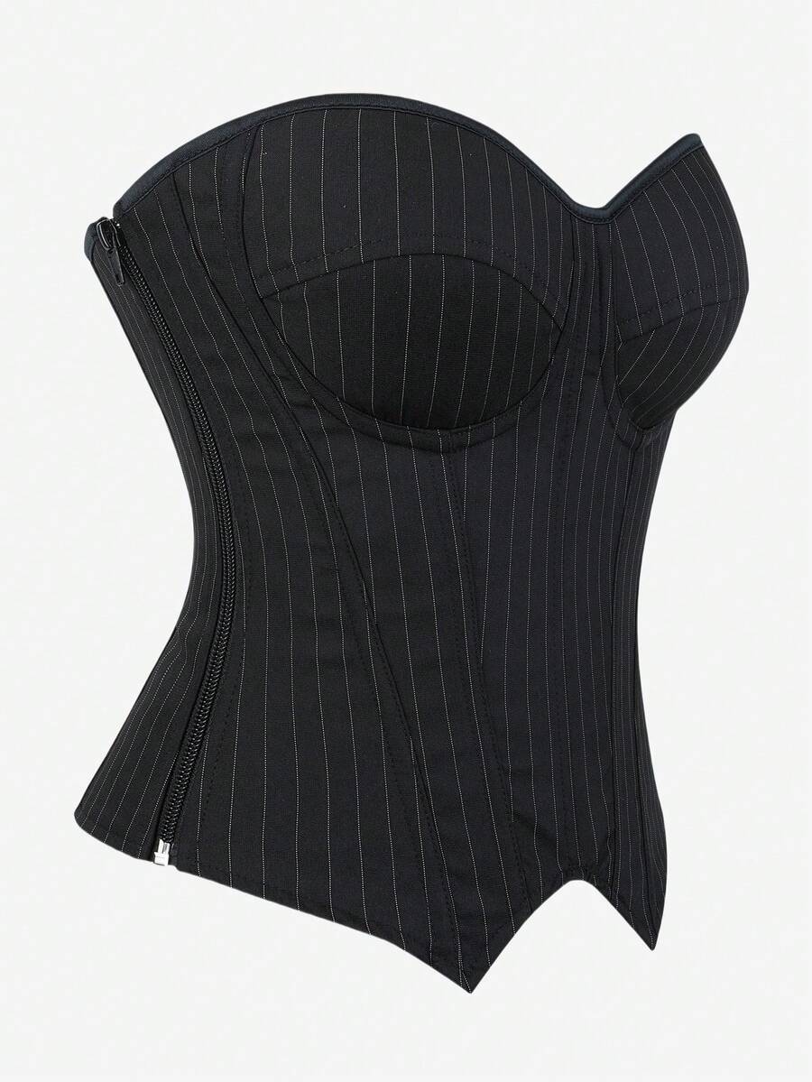 Black overbust corset top with strapless design, boned support, tie-back and zipper closure for women shapewear styling.